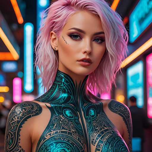 The image shows a young woman with pink hair and tattoos on her neck and shoulders. She is standing against the backdrop of a city street at night, illuminated by neon lights that cast an ethereal glow around her. The woman's face is turned towards the camera, creating a sense of connection between the viewer and the subject.