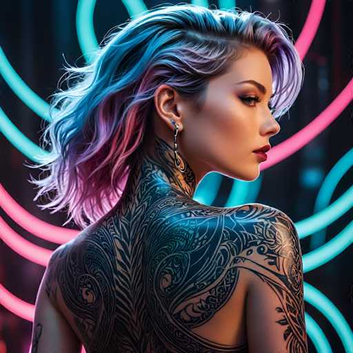 This image is a highly detailed, computer-generated depiction of a young woman, likely in her late teens. She has a striking appearance with a fair complexion, accentuated by bold makeup, including dark red lipstick and dramatic eye shadow. Her dark brown hair is styled with a side part, and it features vibrant highlights in shades of blue and pink. She is adorned with a unique earring that consists of a small blue stone connected to a larger silver piece, which is attached to a large hoop.

Her most notable feature is the extensive tattoo work that covers her back and extends to her shoulders. The tattoos are intricate, featuring a combination of black and blue designs that include swirling patterns, leaves, and possibly a bird. The artwork is particularly detailed around her shoulder area, where the shading is more pronounced.

The background of the image is a dark, almost black, setting that accentuates the vivid colors of her hair and tattoos. It is filled with swirling neon lights in shades of blue and pink, creating a dynamic and futuristic atmosphere. These neon lights form various shapes, including circles and lines, which add to the overall sense of movement and energy in the image.