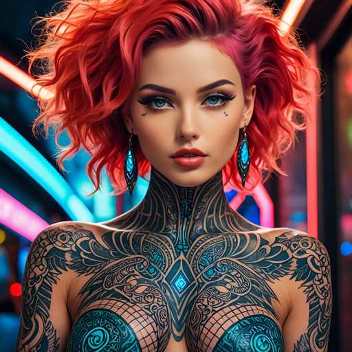 The image shows a woman with vibrant red hair and tattoos on her chest and back. She is wearing blue earrings that contrast with the red of her hair. The background features neon lights in shades of pink and blue, creating an urban atmosphere.