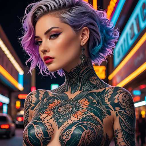 A woman with purple hair and tattoos on her chest is standing in a city street at night. She has a red lipstick on her lips and an orange flower tattoo on her left shoulder. The background features neon lights from a nearby building and cars parked along the street.