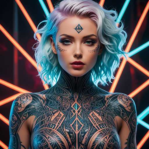 A woman with blue hair and tattoos on her chest is standing against a black background with neon orange lines.