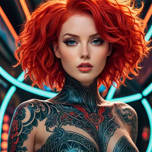 This image features a striking, AI-generated woman with vibrant red hair that appears to be illuminated by an orange light, giving it a fiery glow. Her hair is short, wavy, and voluminous, framing her face and extending down to her shoulders. She has a fair complexion, accentuated by bold red lipstick and long, black eyelashes. Her eyes are a captivating blue, and she has a small nose with a slight upturned tip.

The woman is adorned with intricate black tattoos that cover her neck, shoulders, and upper chest. These tattoos feature a blend of floral designs, leaves, and geometric patterns, with some elements highlighted in red. Her shoulders are bare, and the image captures her from the chest up, emphasizing her elaborate tattoos and the glowing red of her hair.

The background is a dark, almost black, setting that contrasts sharply with the woman's vibrant features. It includes a mix of blue and orange neon lights, creating a futuristic, cyberpunk-like atmosphere. The blue neon lights form circular patterns, while the orange lights add to the overall dramatic effect, enhancing the surreal and artificial nature of the image.