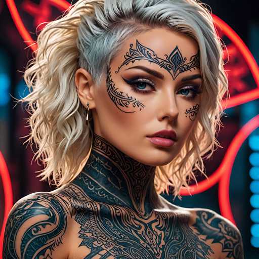 The image depicts a highly realistic, computer-generated portrayal of a woman with short, wavy blonde hair that transitions to a grayish hue at the roots. She has striking blue eyes and is adorned with intricate black tattoos that cover her neck, shoulders, and chest. These tattoos feature a blend of tribal and floral designs, with some elements resembling leaves and vines. Notably, she has a distinctive tattoo on her forehead that extends down to her cheek, and additional tattoos on her cheek and chin. She is wearing a small earring in her right ear and has pink lips. The background is dark, with a red neon light that forms a circular shape behind her head, adding to the dramatic effect. The woman is facing slightly to the right, with her head turned towards the viewer, giving a captivating and somewhat mysterious expression.