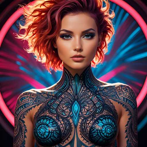 This image showcases a stunning, AI-generated depiction of a woman with an intense, captivating gaze. Her hair is a striking blend of reddish and brown hues, styled in a wavy, shoulder-length cut. Her eyes are a mesmerizing mix of blue and brown, accentuated by her long eyelashes. She has a fair complexion, and her lips are adorned with a subtle shade of lipstick. Her facial features are symmetrical and well-defined, with a small nose and a slight pout. 

Her neck is adorned with intricate tattoos that extend down her shoulders and arms, featuring a combination of black and blue designs. The tattoos are particularly detailed around her breasts, where they form a circular pattern with a blue center. The overall design of the tattoos is elaborate and covers her entire visible skin, creating a visually stunning effect.

The background of the image is a blend of pink and blue hues, with a circular pattern that adds depth and contrast to the composition. The image is square in shape, and the woman's body is positioned centrally, drawing the viewer's attention directly to her face and the intricate details of her tattoos. The overall effect is a highly detailed, visually striking, and somewhat surreal portrayal of a woman that showcases the capabilities of AI-generated art.