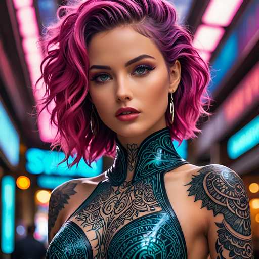 The image shows a young woman with vibrant pink hair and tattoos on her arms and chest. She is wearing a blue dress that contrasts with the neon lights of the city behind her. The background features a blend of colorful lights from various buildings, creating an urban atmosphere.