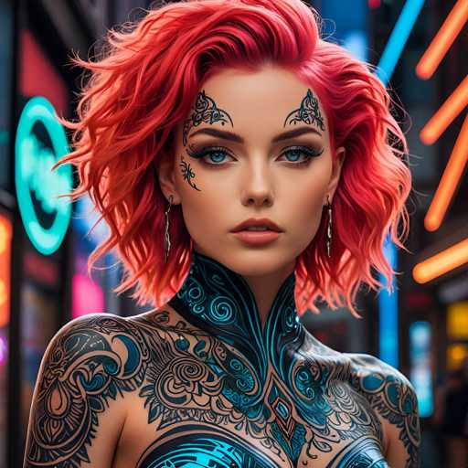 The image shows a young woman with vibrant red hair and tattoos on her neck and shoulders. She is wearing a blue dress that contrasts with the neon lights of the city behind her. The background features a blend of colorful neon signs and buildings, creating an urban atmosphere.