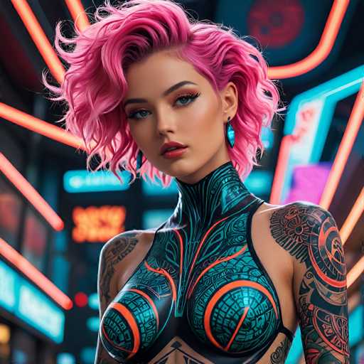 A stunning, hyperrealistic portrait of a woman with vibrant pink, voluminous hair styled in a short, curly bob. She has piercing blue eyes and is wearing bold, futuristic body paint with intricate teal and orange patterns that resemble tribal designs. The body paint covers her torso, arms, and legs, creating a striking contrast with her dark skin. She's wearing a high-necked, form-fitting garment that complements the body paint and has glowing teal accents. Her expression is confident and direct, looking slightly to the viewer with a subtle smirk. The background is a blurred neon cityscape, bathed in vibrant blue and pink lights, with glowing signs adding to the futuristic atmosphere. The overall lighting is soft yet dramatic, highlighting her features and the intricate details of her body paint.