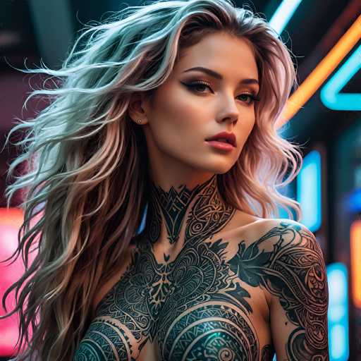 This image showcases a stunning, AI-generated depiction of a young woman, likely in her early 20s. She has long, wavy hair that cascades down her shoulders, with a subtle blend of blonde and brown hues. Her complexion is fair, and she has striking features, including dark eyes accentuated by dramatic black eyeliner and mascara. Her lips are painted a soft pink, adding a touch of femininity to her expression. 

The woman is adorned with intricate tattoos that cover her neck, chest, and shoulders, featuring a mix of black and white designs. These tattoos include detailed patterns of leaves, flowers, and vines that create a cohesive and visually captivating piece of body art. 

The background is a blurred mix of neon lights in various colors, including blue, orange, and pink, which adds a vibrant and dynamic atmosphere to the image. The overall composition is square, with the woman positioned centrally, drawing the viewer's attention to her captivating features and the intricate details of her tattoos.
