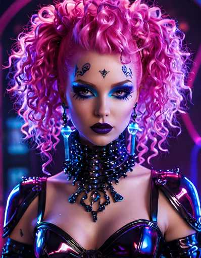 The image depicts a highly detailed, computer-generated female character with a futuristic, cyberpunk aesthetic. She has striking pink hair styled in a high ponytail with curly ends framing her face. Her makeup is bold, featuring dark purple lipstick, blue eyeshadow, and dramatic black eyeliner with long, spiky lashes. Intricate black tattoos adorn her forehead, including a diamond shape between her eyebrows and various circular and oval designs above her eyes.

Her attire is equally elaborate, consisting of a black leather bra with purple accents and shiny, metallic elements. The bra is held up by black straps, and she wears a matching black leather choker adorned with blue jewels and spikes. Her accessories include long, dangling earrings that resemble blue crystals and a black choker necklace with blue jewels. The background is a blurred mix of pink and purple hues, adding to the overall futuristic and otherworldly feel of the image.