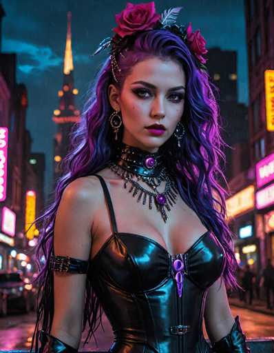 A woman with long purple hair is standing on a street at night, wearing a black leather outfit and a flower crown. The background features neon signs and buildings that glow under the city lights.