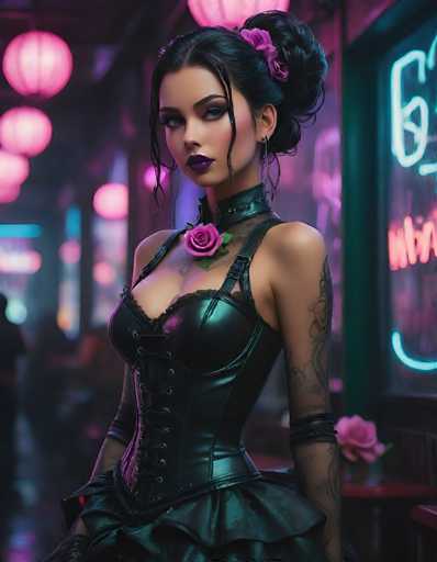 The image depicts a strikingly realistic, computer-generated woman with dark hair styled in a bun adorned with a purple flower. She has a tan complexion, dark eyebrows, and dark eyes, complemented by dark purple lipstick. Her attire is a black leather corset with a ruffled skirt, featuring a rose on the chest and black straps over her shoulders. She also wears a spiked leather choker around her neck. Her left arm is adorned with a tattoo, and she has black armbands on both arms. The background is a dark, blurry mix of pink and purple hues, with pink lanterns hanging from the ceiling and a neon sign on the right side. The setting appears to be a bar or restaurant, with a pink rose on a table behind her.