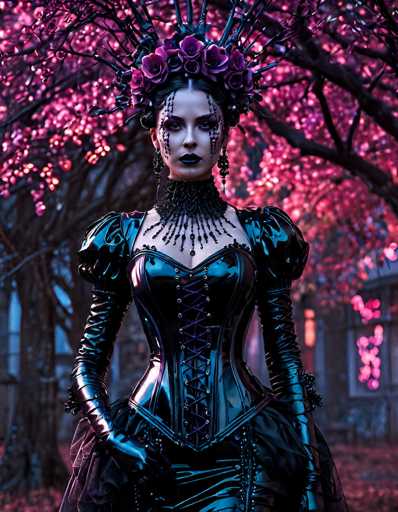 The image depicts a striking gothic woman, possibly from a video game or an elaborate cosplay. She stands in a lush garden, framed by a tree adorned with vibrant pink flowers. The woman is dressed in a form-fitting, black leather corset with puffy sleeves and long gloves that extend to her elbows. Her outfit is accentuated by a choker necklace with dangling beads and a crown made of purple roses. Her makeup is dramatic, featuring black lipstick and dark eyeshadow, with beads cascading from her eyes down to her chin. She gazes directly at the viewer, exuding an air of mystery and allure. The background is slightly blurred, revealing a building with windows and a door, adding to the enigmatic atmosphere of the scene.