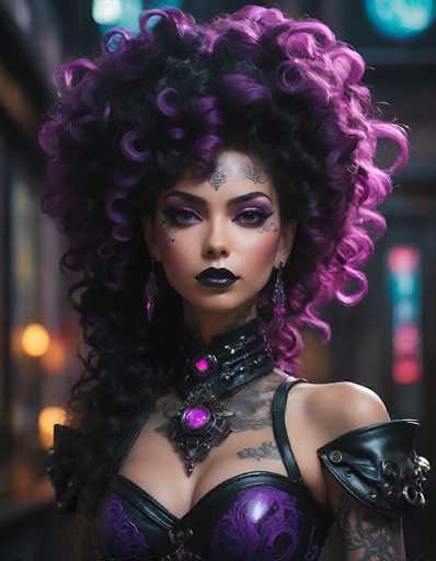 The image depicts a striking woman with an elaborate, poofy hairstyle that combines black and purple hues. Her hair is styled in a dramatic, voluminous manner, with curly ends that frame her face. She has a serious expression, accentuated by her dark purple eyeshadow and black lipstick. A distinctive black diamond tattoo adorns her forehead, complemented by additional black ink tattoos on her cheeks and neck. She wears long, dangling purple earrings and a black leather choker with a purple gem at its center. Her outfit consists of a purple corset with black leather straps and a matching black leather shoulder piece on her left arm. The background is blurred, featuring indistinct lights and possibly a building, which emphasizes her as the focal point of the image.
