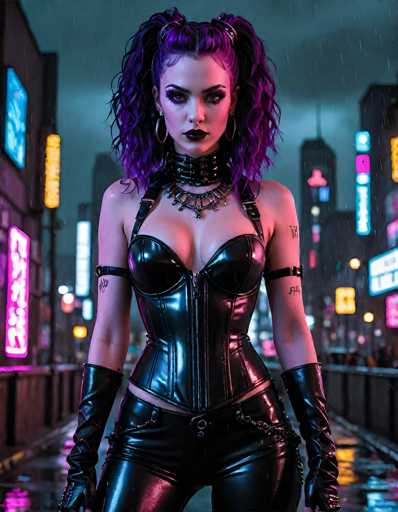 In this striking image, a woman stands confidently in the middle of a rain-soaked city street, her presence commanding attention. She is dressed in a sleek, black leather corset that accentuates her figure, paired with matching leather pants. Her ensemble is completed with long, black leather gloves that extend up to her forearms. Around her neck, she wears a choker, and her neck is adorned with multiple necklaces. Her arms are decorated with intricate tattoos, adding to her edgy appearance. The woman's hair is a vibrant purple, styled into two pigtails that frame her face. Her makeup is bold, featuring dark lipstick and dramatic eyeliner that enhances her intense gaze. She looks directly at the camera, exuding a sense of strength and defiance. The background reveals a cityscape illuminated by neon signs, with buildings on either side of the street. The wet pavement glistens under the neon lights, reflecting the rain and adding a moody atmosphere to the scene.