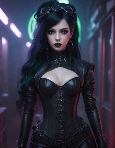 In this captivating image, a woman stands confidently in the center of a dimly lit hallway, exuding an aura of mystery and allure. She is adorned in a striking black leather corset, intricately laced up the front, paired with matching leather pants. Her ensemble is accentuated by long, black leather gloves that extend to her wrists. The woman's long, wavy black hair cascades down her shoulders, and she wears a pair of goggles perched atop her head, adding a touch of intrigue to her appearance. Her lips are painted a deep black, complementing her dramatic black eyeliner and the subtle black lines beneath her eyes. She gazes directly at the camera, her expression enigmatic and captivating. The background is a blur of muted colors, with hints of green and purple lights creating an ethereal atmosphere. The walls on either side of her are adorned with indistinct objects, adding to the overall sense of enigma. The image is devoid of any text, allowing the viewer to fully immerse in the visual story presented.