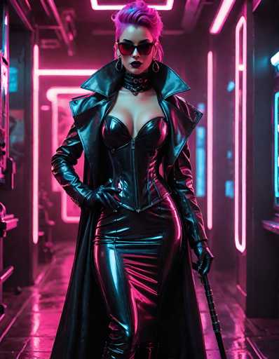 A woman is standing in front of a neon-lit room with pink and blue lights. She is wearing a black leather dress that has a corset top and a skirt made of shiny material. The woman also has sunglasses on her head and a cane in her hand.