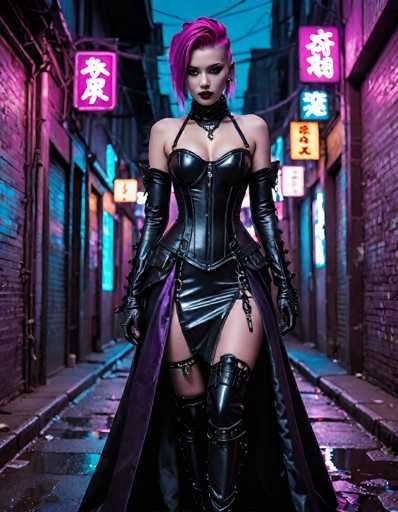In this captivating image, a woman stands confidently in the middle of a dimly lit alleyway, exuding an aura of mystery and allure. She is adorned in a striking black leather corset that accentuates her figure, paired with matching leather gloves that extend up to her elbows. Her ensemble is completed by thigh-high leather boots, adding to her edgy and bold appearance. A dramatic purple cape drapes elegantly from her waist, cascading down to the ground and adding a splash of color to her monochromatic attire.

Her hair, a vibrant pinkish-purple hue, is styled in a short cut with the front portion swept over to the right side of her face, partially covering her right eye. Her makeup is bold and dramatic, with dark lipstick and heavy eye makeup that enhances her enigmatic expression. She gazes directly at the camera, creating a powerful connection with the viewer.

The alleyway around her is lined with brick buildings on both sides, their facades adorned with neon signs in various colors—pink, blue, and yellow. These signs feature characters in a foreign language, adding an element of intrigue and cultural depth to the scene. The ground beneath her is wet, reflecting the neon lights and creating a shimmering effect that complements the overall moody atmosphere of the image.