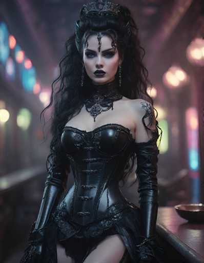 The image depicts a strikingly beautiful woman with long, dark hair styled in a half-up, half-down fashion. She wears a black leather corset with intricate lace detailing and a high collar that extends up to her neck. Her ensemble is complemented by long black leather gloves that reach up to her biceps. The woman's makeup is dramatic, featuring dark lipstick and heavy eye makeup, with a distinctive piece of jewelry hanging from her forehead. A crown adorns her head, and a tattoo is visible on her left shoulder. She stands in a dimly lit room with a blurred background, illuminated by colorful lights in shades of blue, pink, and yellow, creating a dramatic and ethereal atmosphere. The overall scene is reminiscent of a gothic or fantasy setting, possibly from a video game or a movie.