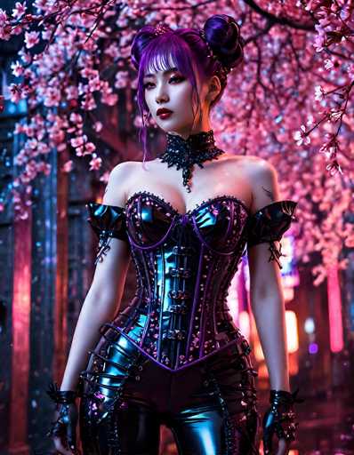 The image depicts a highly detailed, computer-generated or AI-generated scene of a young Asian woman, possibly in her late teens or early twenties, standing outdoors at night. She has striking purple hair styled into two buns on either side of her head, with bangs and loose strands framing her face. Her makeup is bold, featuring red lipstick and dark eye shadow, and she has a small nose ring. She is dressed in a black leather corset with purple accents, adorned with numerous buckles and straps, and matching black leather pants. Her shoulders are bare, and she wears black leather gloves with buckles on her wrists. Around her neck is a black choker with spikes and a central jewel. The background features a cherry blossom tree with pink blossoms, and the scene is illuminated by city lights, creating a vibrant, almost futuristic atmosphere.