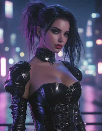 The image portrays a young woman, likely in her early 20s, with long black hair styled in a ponytail with wispy strands framing her face. She has striking blue eyes, accentuated by heavy eye makeup, and wears vivid red lipstick. Her attire is a form-fitting, black leather corset with a low neckline, complemented by matching leather sleeves that extend from her neck to her wrists. Around her neck, she sports a thick leather choker adorned with a silver ring. The background is a blurred cityscape at night, illuminated by neon lights in shades of pink, blue, and white, creating a vibrant, almost futuristic ambiance. The woman stands confidently, gazing directly at the camera, exuding a bold and edgy presence.