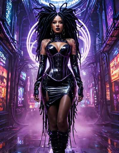 The image depicts a striking, computer-generated scene of a woman walking down a futuristic, cyberpunk-style alleyway. The woman, who has dark skin and long, black dreadlocks that flow down to her waist, is adorned in a tight, black leather outfit. Her attire includes a corset-like top, a short skirt with a slit on the left side, and long gloves that extend past her elbows. She also wears thigh-high boots with straps and a choker around her neck. Her makeup is bold, featuring dark lipstick and eye shadow, and she accessorizes with large hoop earrings. The alleyway is lined with tall buildings on either side, illuminated by neon signs and lights in shades of purple, orange, and blue, creating a vibrant, futuristic atmosphere. The ground appears wet, adding to the moody ambiance of the scene.