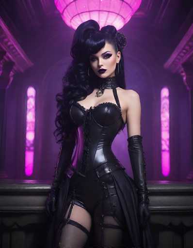 The image depicts a striking woman with long, dark black hair styled in a high ponytail with bangs. She is adorned in a sleek, black leather corset that accentuates her figure, paired with thigh-high black stockings. Her ensemble is completed with long black gloves that extend past her elbows. The woman's makeup is bold, featuring dark purple lipstick and heavy purple eyeshadow, which complements her black hair and fair skin. She stands in a dimly lit, ornate room that exudes a gothic or Victorian ambiance, characterized by dark wood and purple lighting. The room features a large, rounded archway with two tall, thin stained glass windows on either side, and a pink light fixture hanging from the ceiling. The overall scene is bathed in a purple hue, adding to the mysterious and dramatic atmosphere.
