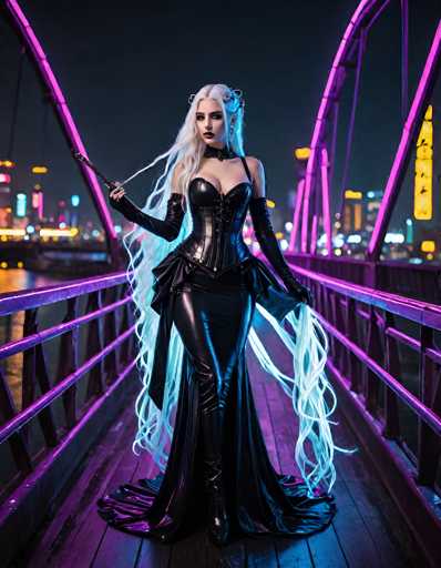 In this captivating image, a woman stands poised on a bridge, exuding an aura of mystery and allure. She is adorned in a striking black leather dress that accentuates her figure, with long sleeves extending to her wrists. Her ensemble is completed by sleek black boots that reach up to her knees, adding to her enigmatic presence. The dress features a dramatic slit that reveals her legs, and a flowing train that cascades behind her, adding an element of grace to her stance.

Her long, flowing hair is a mesmerizing blend of white and blue, with the blue tips catching the light and creating a stunning visual effect. She holds a stick in her right hand, which is raised slightly, adding to her enigmatic demeanor. Her makeup is bold and dramatic, with dark lipstick and heavy eye makeup that frames her intense gaze.

The bridge she stands on is illuminated with vibrant purple lights, casting a surreal glow over the scene. In the background, a city skyline is visible, with buildings adorned in a mix of pink, blue, and yellow lights, creating a dreamlike urban landscape. The water below reflects the city's lights, adding a shimmering effect to the scene. The sky above is a deep, dark blue, suggesting the image was captured at night, which enhances the overall mysterious and enchanting atmosphere of the photograph.