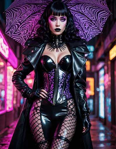 In this striking image, a woman stands confidently in the middle of a dimly lit street, exuding an aura of mystery and allure. She is adorned in a provocative leather outfit that accentuates her curves, featuring a corset-like top and a skirt that reveals her thighs. Her ensemble is complemented by fishnet stockings and fingerless gloves, adding to the edgy aesthetic. A long black leather trench coat drapes over her shoulders, and a spiked choker adorns her neck, enhancing her gothic look. Her long black hair cascades down, framing her face, which is accentuated by dramatic purple eyeshadow and bold black lipstick. She holds a purple umbrella with intricate black swirls, adding a touch of elegance to her otherwise intense appearance. The background is blurred, drawing focus to her while hinting at a bustling cityscape with neon lights and storefronts. The overall scene is bathed in a purple hue, creating a surreal and captivating atmosphere.