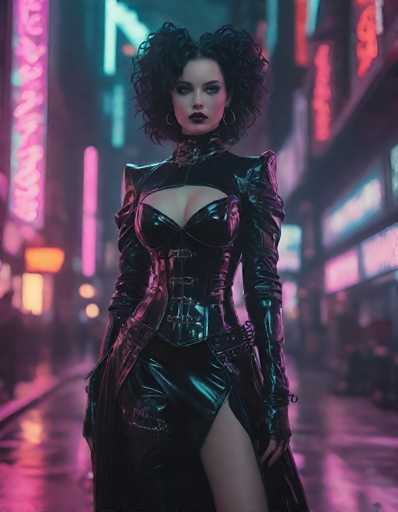 The image depicts a striking, computer-generated woman standing in the middle of a neon-lit city street at night. She has pale skin and dark, curly hair styled into two large, poofy ponytails that frame her face. Her makeup is bold, featuring dark lipstick and heavy eye makeup. She is dressed in a form-fitting, black leather outfit that includes a corset with straps and buckles, a high collar, and long sleeves. The outfit also features a slit up the side of her thigh, revealing her bare leg. She accessorizes with large hoop earrings. The background is blurred, filled with tall buildings adorned with neon signs in various colors, including pink, blue, and red. The street appears wet, reflecting the vibrant neon lights and adding to the overall moody, cyberpunk aesthetic of the scene.