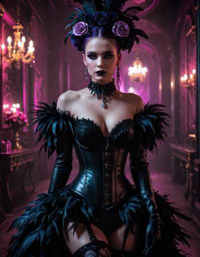 In this striking image, a woman is adorned in an elaborate black leather corset, accentuated with intricate details. The corset features a front zipper and is complemented by black leather gloves that extend up to her biceps. Her attire is further embellished with large, black feathers that adorn the top of her arms and the bottom of her corset, adding a dramatic flair. She wears black stockings, visible from the knee down, and a choker necklace that adds to her gothic aesthetic. Her hair is styled in an intricate updo, adorned with black and purple roses, and she sports a bold black lipstick that enhances her enigmatic look. The background is a dimly lit room with a pinkish hue, featuring chandeliers and ornate tables, contributing to the overall mysterious and elegant atmosphere.