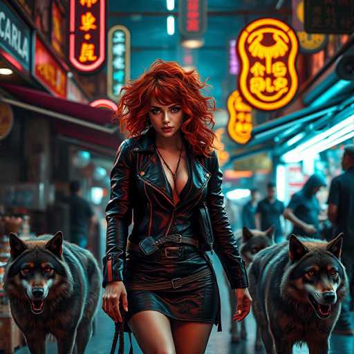 In this captivating image, a striking woman with vibrant red hair stands confidently in the middle of a bustling street. She is dressed in a sleek black leather jacket and a matching leather skirt, exuding an aura of strength and mystery. Flanking her on both sides are two majestic wolves, their eyes fixed intently on the camera, adding an element of wildness and intrigue to the scene. The background is a blur of neon lights and signs, suggesting a vibrant urban setting, possibly in an Asian city, as indicated by the presence of Asian characters on some of the signs. The woman's expression is serious, her gaze unwavering, as she looks directly at the camera, creating a powerful and enigmatic focal point in the image.