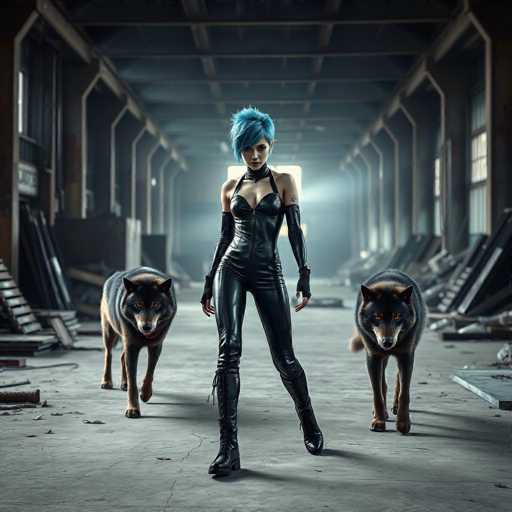 A woman with blue hair is standing in a dimly lit room filled with rubble and debris, wearing black leather attire that includes boots and gloves. Two large dogs are walking towards her on either side of the frame.