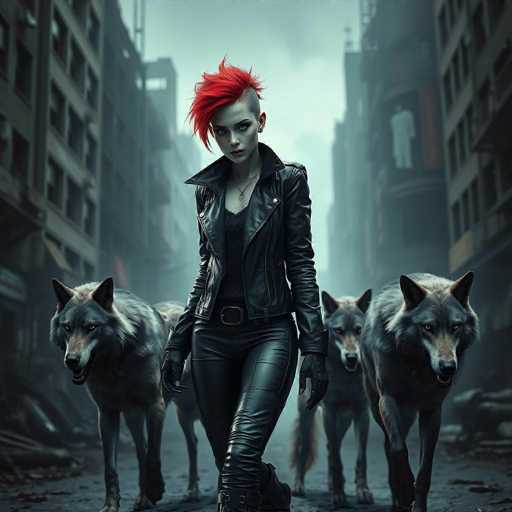 In this striking image, a woman with a bold red mohawk and shaved sides commands attention. Her intense blue eyes and pale skin create a captivating contrast. She is dressed in a black leather jacket, black gloves, a black shirt, and black leather pants, exuding a fierce and edgy aura. Behind her, four wolves with gray fur and black markings on their heads and tails stand alert, their ears perked up. The scene is set in a desolate, post-apocalyptic cityscape, with tall, gray buildings looming in the background. The ground is littered with debris, and the sky is a somber gray, adding to the overall sense of desolation and abandonment.