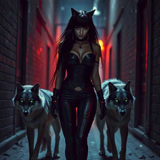 In this striking, AI-generated image, a woman stands confidently in the center of a narrow alleyway, flanked by tall brick buildings. She is dressed in a form-fitting, black leather corset and matching pants, complemented by black gloves. Her long, dark hair cascades down to her waist, and she wears a choker necklace with a pendant. Atop her head are cat ears, adding a feline touch to her appearance. Her piercing gaze is directed straight at the viewer, exuding a sense of power and mystery.

Behind her, two wolves with glowing green eyes stand alert, their presence adding an element of wildness to the scene. The alleyway is dimly lit, with a red glow emanating from the background, casting an eerie light on the surroundings. The ground is paved with bricks, and the overall atmosphere is dark and foreboding. The image is devoid of any text, allowing the visual elements to speak for themselves.