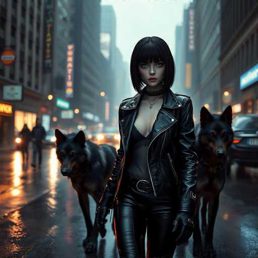 In this captivating image, a woman stands confidently in the middle of a bustling city street, flanked by two large black dogs. She is dressed in a striking black leather jacket, paired with matching leather pants and gloves. Beneath the jacket, she wears a sheer black shirt that reveals a black bra, adding a touch of allure to her ensemble. Around her neck, a choker with a pendant adorns her neck, while a belt cinches her waist. Her short black hair, styled with bangs, frames her face, which is highlighted by red lipstick and piercing green eyes. The dogs beside her are of a large breed, with black fur and brown markings around their noses and eyes, adding to the dramatic scene. The street around her is alive with activity, illuminated by the headlights of cars and the glow of neon signs from nearby businesses. In the background, a few pedestrians can be seen walking along the sidewalks, adding to the urban atmosphere. The sky above is a light gray, casting a muted light over the entire scene.