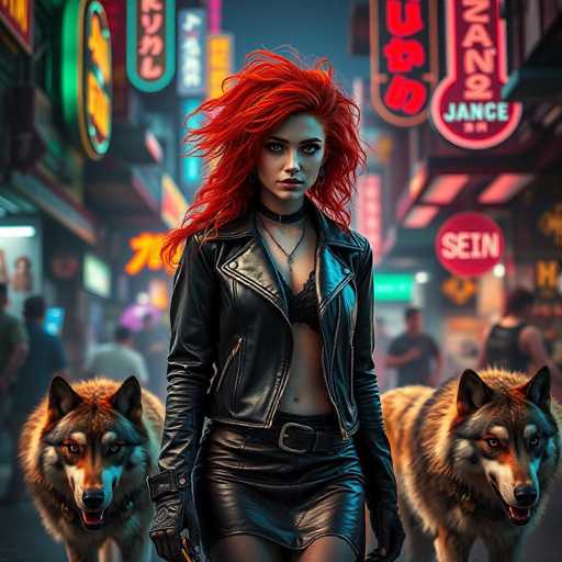 In this vibrant, AI-generated image, a striking woman with vivid red hair stands confidently in the foreground. She is dressed in a sleek black leather jacket, a matching leather skirt, and fingerless gloves, exuding an edgy, urban vibe. Behind her, two majestic wolf-like dogs add an element of mystery and power to the scene. The backdrop is a bustling city street, illuminated by a myriad of neon signs in various colors—neon green, yellow, pink, and red—creating a lively, almost surreal atmosphere. The signs, adorned with diverse characters, suggest an Asian influence, possibly Japanese or Chinese. The overall composition blends elements of futuristic fashion and a neon-lit urban landscape, capturing a moment that feels both contemporary and otherworldly.