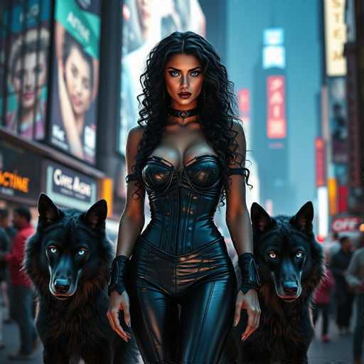 In this AI-generated image, a woman with long, curly black hair and striking blue eyes stands confidently in the middle of a bustling city street. She is dressed in a sleek, black leather corset that accentuates her figure, paired with matching leather pants. Her ensemble is completed with a black leather choker around her neck and black leather armbands on both arms. Her nails are painted black, adding to her edgy look. Flanking her on either side are two black wolves with piercing blue eyes, their ears perked up attentively. The background reveals a vibrant cityscape with tall buildings adorned with neon signs and billboards, some of which feature Asian characters. The street is alive with people walking around, adding to the urban atmosphere. The woman gazes directly at the camera, exuding a sense of strength and mystery.