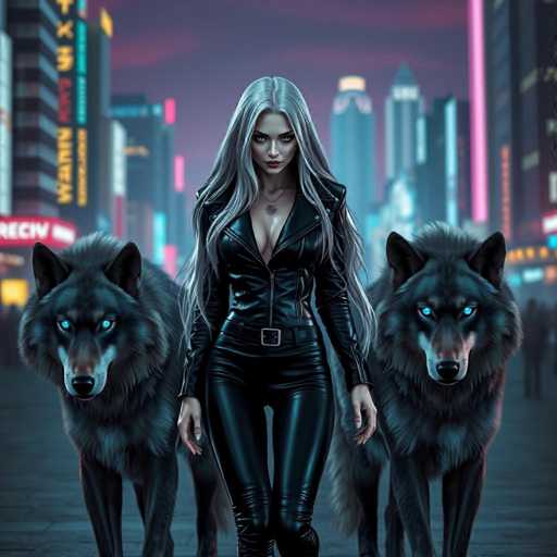 A woman with long blonde hair and a black leather jacket is walking down the street next to two large black dogs on leashes. The background shows a cityscape at night with neon signs and buildings illuminated by bright lights.