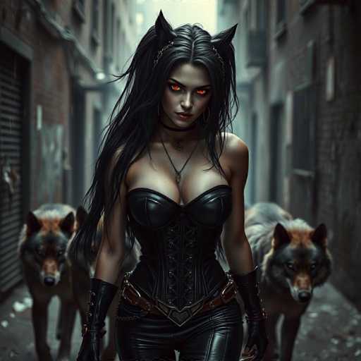 In this striking image, a woman stands confidently in the middle of a dimly lit alleyway, flanked by two imposing wolves. She is dressed in a sleek black leather corset that accentuates her figure, paired with matching leather pants. Her ensemble is completed with black gloves that extend up to her elbows, adding an air of mystery and power. A brown belt with a heart-shaped buckle cinches her waist, and a necklace with a pendant hangs around her neck, catching the light. Her long, dark hair cascades down, and she wears a headband adorned with cat ears, giving her an otherworldly appearance. Her eyes glow a mesmerizing red, adding to her enigmatic aura. The wolves on either side of her are large and formidable, with thick fur that blends shades of brown, black, and gray. The alleyway itself is constructed of red brick, with gray doors lining the walls, creating a stark contrast to the vivid scene at its center.