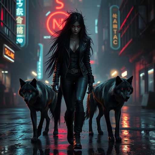In this captivating image, a woman with long black hair and piercing red eyes strides confidently down a rain-slicked street. She is dressed in a sleek black leather jacket, a low-cut black shirt, tight black pants, and knee-high black boots. Flanking her on either side are two majestic gray wolves, their eyes glowing red and their fur shimmering in the neon-lit environment. The wet pavement beneath them reflects the vibrant hues of the surrounding cityscape, which is adorned with neon signs in various colors, including red, blue, and yellow. Some of these signs feature Asian characters, adding an exotic flair to the urban setting. The woman's expression is one of determination, and her gaze is directed straight ahead, exuding an aura of strength and purpose.