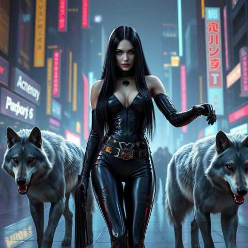 A woman dressed in black leather attire is walking down a city street with two gray wolves on leashes behind her and another gray wolf standing nearby. The background features neon signs and buildings that suggest an urban setting.