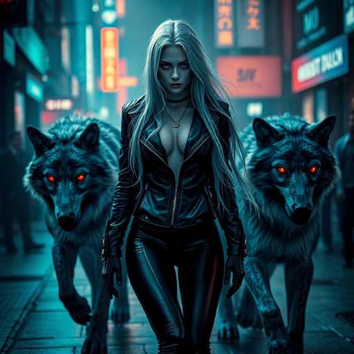 In this captivating image, a woman with long, flowing blonde hair and striking blue eyes stands confidently in the middle of a bustling city street. She is dressed in a sleek, black leather jacket that is provocatively unzipped to reveal her cleavage, paired with matching black leather pants. Around her neck, she wears a delicate necklace, adding a touch of elegance to her edgy ensemble. Flanking her on both sides are two majestic gray wolves, their piercing red eyes fixed directly on the camera, creating an intense and somewhat eerie atmosphere. The wolves' fur is a mix of gray and white, with distinctive black markings around their eyes and noses. The woman's gaze is also directed straight at the camera, her expression a mix of determination and allure. The background is a blur of city lights and signs, with indistinct figures of people on either side, emphasizing the woman and her companions as the focal point of this dramatic scene.