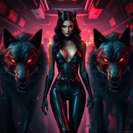 The image depicts a striking, AI-generated scene featuring a woman in a tight, black leather bodysuit with a zip-up front and long gloves extending to her elbows. She has long, dark hair cascading down her shoulders and wears a choker around her neck. Her ears are adorned with cat-like, pointy accessories, and she sports a serious expression as she gazes directly at the viewer. Flanking her on both sides are two menacing, wolf-like creatures with glowing red eyes and sharp teeth, their fur a mix of black and gray. The background is a dark, industrial setting illuminated by red lights, enhancing the eerie and mysterious atmosphere of the scene.