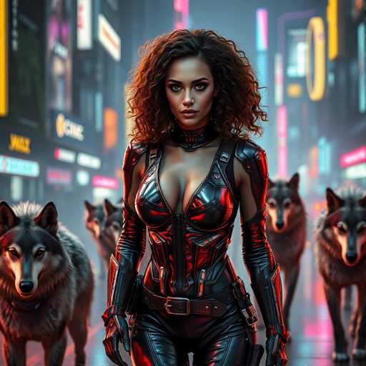 In this captivating image, a woman stands confidently in the middle of a bustling city street, surrounded by towering skyscrapers adorned with vibrant neon signs. She is dressed in a striking black leather bodysuit, accentuated by a corset-like front that highlights her figure. The bodysuit features long sleeves that extend to her wrists, and a belt with a prominent buckle cinches her waist. Her attire is completed with matching black leather pants.

Her long, curly brown hair cascades down, framing her face, which is adorned with bold red lipstick and dark eye makeup that accentuates her expressive eyes. The woman's gaze is directed straight ahead, exuding a sense of determination and strength.

Flanking her on both sides are four majestic gray wolves, their presence adding an element of wildness to the urban setting. The wolves are positioned with two on her left and two on her right, creating a protective and awe-inspiring aura around the woman. The overall scene is a striking blend of futuristic cityscape and primal wilderness, centered around this powerful and enigmatic figure.