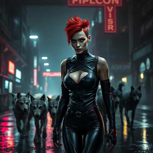 In this striking, computer-generated image, a woman stands confidently in the middle of a rain-soaked city street, flanked by towering buildings adorned with neon signs. The wet pavement reflects the vibrant hues of the signage, adding a dramatic flair to the scene. The woman is dressed in a sleek, black leather bodysuit that accentuates her figure, complete with gloves that leave her fingertips exposed. Her hair is a vivid red, styled into a spiky mohawk with shaved sides, and her eyes are a mesmerizing yellow. Behind her, a pack of gray wolves with piercing yellow eyes and black noses are emerging from the background, adding an element of mystery and danger. The neon signs in the background feature a mix of red and white text, with one prominently displaying the letters "V-I-S-R." The overall atmosphere is dark and moody, with the rain and neon lights creating a captivating, almost dystopian ambiance.