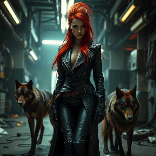 In this AI-generated image, a striking woman with vibrant red hair stands confidently in the center of a dimly lit, industrial hallway. She is dressed in a sleek black leather jacket, which is open at the front, revealing a hint of cleavage. The jacket features a belt around the waist and extends into a long, flowing tail that reaches the floor. She pairs this with tight black leather pants and matching gloves. Her look is completed with a necklace and hoop earrings, and she gazes directly at the viewer with a serious expression.

Flanking her on both sides are two identical, fierce-looking dogs with brown fur and piercing yellow eyes. The dogs, which resemble a mix between wolves and coyotes, have pointed ears and are equipped with collars and harnesses. The hallway itself is cluttered with debris, including wires and various objects scattered on the floor. Overhead, fluorescent lights cast a stark glow, illuminating the scene and adding to the gritty, industrial atmosphere.