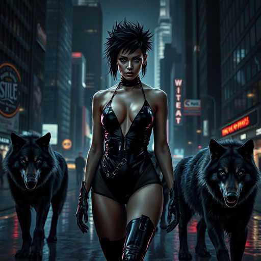 The image depicts a woman wearing a black leather outfit and boots walking down the street with two large black dogs on leashes. The scene is set against an urban backdrop of buildings and neon signs, creating a sense of mystery and intrigue.
