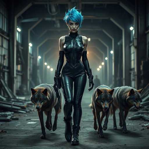 In this striking image, a woman with short, spiky blue hair and a stern expression strides purposefully towards the viewer. She is clad in a sleek, black leather bodysuit that accentuates her figure, paired with matching black boots. Her arms are adorned with long black gloves, and a gun holster is visible on her right hip. Flanking her on either side are two large, wolf-like dogs with dark gray fur and piercing yellow eyes, adding an air of danger and companionship. The setting is a dilapidated, industrial area with a concrete floor and walls lined with windows. The space is dimly lit by rows of lights on both sides, casting a harsh glow over the scene. In the background, a man dressed in black stands, his figure blurred and indistinct, adding to the mysterious and foreboding atmosphere.