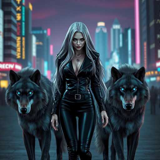 A striking, computer-generated image features a woman with long, gray hair cascading down to her waist. She is dressed in a form-fitting, black leather outfit that accentuates her figure, complete with a zipper running down the front and a belt cinched at her waist. The woman's intense gaze is directed straight at the viewer, exuding confidence and power. Flanking her on either side are two majestic gray wolves, their piercing blue eyes locked onto the camera. The backdrop is a bustling cityscape, illuminated by vibrant neon signs and towering skyscrapers, adding an urban edge to the scene. The overall composition is a captivating blend of futuristic fashion and raw, untamed nature.