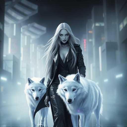 A striking black-and-white image features a woman with long, flowing hair walking down a city street. She is dressed in a sleek black leather jacket and matching pants, exuding an aura of confidence and mystery. Flanking her on either side are two majestic white wolves, their piercing eyes fixed directly on the viewer. The woman's intense gaze matches the wolf's unwavering stare, creating a powerful and enigmatic scene. The urban backdrop, with its towering buildings and neon lights, adds a modern, almost dystopian feel to the composition. The interplay of light and shadow accentuates the dramatic atmosphere, making the woman and her canine companions the undeniable focal points of this captivating visual narrative.